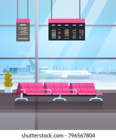 Airport Waiting Hall Departure Lounge Terminal Interior Check In Flat Vector Illustration