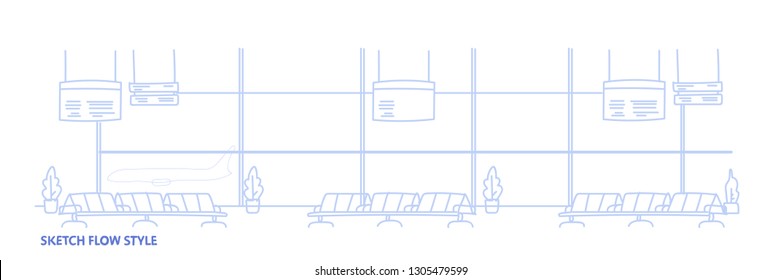 Airport Waiting Hall Departure Terminal Interior Empty No People Sketch Flow Style Horizontal Banner