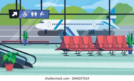 Airport waiting hall interior concept in flat cartoon design. Lobby room with seating, stairs for boarding gate, window and plane. Airline transportation. Vector illustration horizontal background