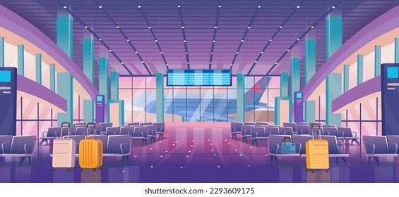 Airport waiting hall. Interior inside the airport terminal with chairs and departure board. A large hall with high windows and a plane in the parking lot. Vector cartoon illustration.