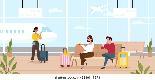 Airport waiting hall. Man and woman sit on bench and wait for their flight. Travel, trip and tourism. Departure lounge passengers terminal check in interior. Cartoon flat vector illustration