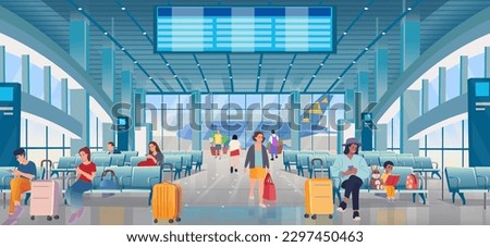 Airport waiting hall with people by day. Interior inside the airport terminal with chairs and departure board in blue colors. people are waiting for flights, looking at their phon.