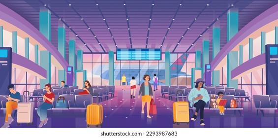 Airport waiting hall with people. Interior inside the airport terminal with chairs and departure board.A large hall with high windows and a plane.people are waiting for flights, looking at their phon.