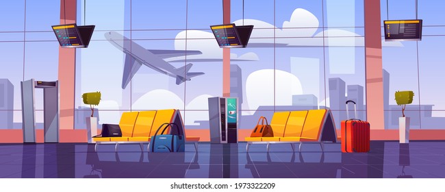 Airport waiting room with airplane take off from runway window view. Empty terminal interior with chairs, luggage, security scanner and schedule display. Departure area, cartoon vector illustration