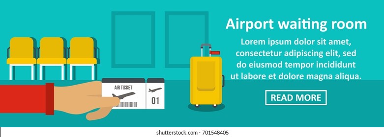 Airport waiting room banner horizontal concept. Flat illustration of airport waiting room banner horizontal vector concept for web