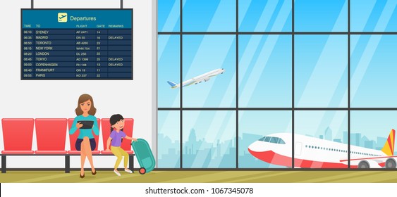 Airport waiting room or departure lounge with chairs, information panels and people. Terminal hall with airplanes view.