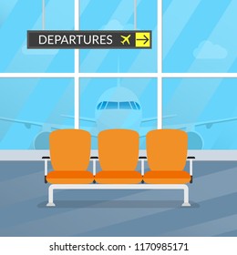 Airport waiting room. Departure lounge interior with chairs and airplane in the window. Airport terminal hall. Vector illustration.