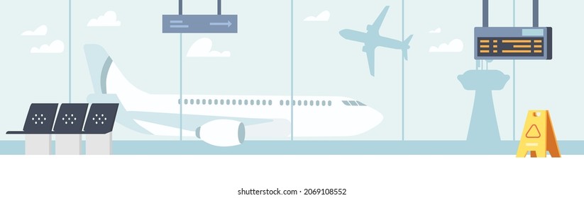 Sala de espera del aeropuerto, Interior de terminal vacío con sillas y visualización de horarios. Zona de salida con asientos y ventanilla amplia con torre de control y aviones voladores. Ilustración del vector de dibujos animados