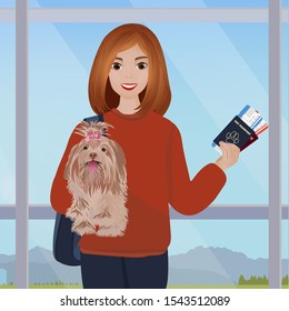 Airport waiting room, girl and her dog in the foreground. Close up. Vector illustration.