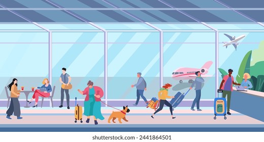 Airport waiting room. Interior inside the airport terminal with people and luggage. A plump woman with a dog. Flight check in counter.. Flat vector illustration for banner, poster and advertising