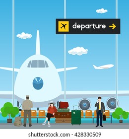 Airport , a Waiting Room with People, View on Airplane through the Window , Scoreboard Departures from Airport, Travel Concept, Flat Design, Vector Illustration