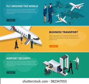 Airport web banner set. Concept  of international private airline. Flying commercial and private personal transport passenger jet. Business transport. Flat 3d isometric vector.