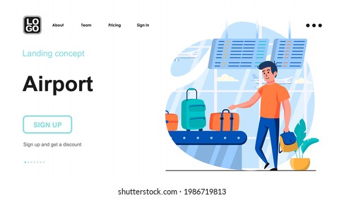 Airport web concept. Male pick up his luggage, arrival at destination country, flights travel. Template of people scenes. Vector illustration with character activities in flat design for website