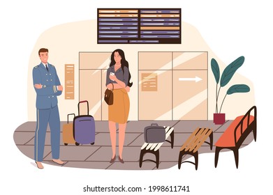 Airport web concept. Pilot is preparing for flight. Captain of plane with luggage and woman passenger standing waiting hall. People scenes template. Vector illustration of characters in flat design