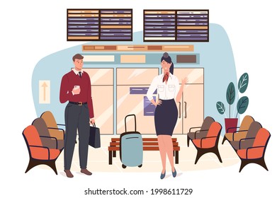 Airport web concept. Stewardess is preparing for flight. Air hostess with luggage and man passenger standing waiting hall. People scenes template. Vector illustration of characters in flat design