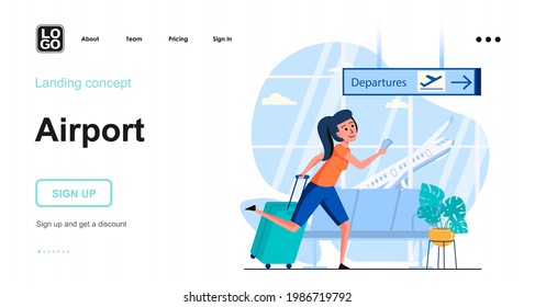 Airport web concept. Woman with luggage hurries to boarding at departure gate, flights and travel. Template of people scenes. Vector illustration with character activities in flat design for website