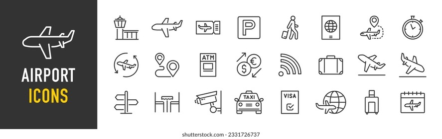 Airport web icons in line style. Plane, boarding pass, tickets, travel, baggage, terminal, passport, departure, collection. Vector illustration.