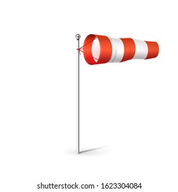 Airport Wind sock 3D realistic vector illustration. Red and white Wind flag showing wind direction and speed. Isolated on white. 