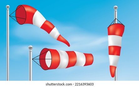 Airport Wind Sock 3D Realistic Vector Illustration. Red And White Wind Flag Showing Wind Direction And Speed.