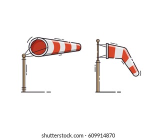 Airport windsock showing no wind and windy weather. Red striped wind bag vector illustration. Meteorological weathercock isolated on white background.