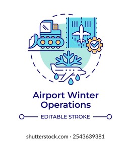 Airport winter operations multi color concept icon. Ground service, deicing. Engineering, airplane. Round shape line illustration. Abstract idea. Graphic design. Easy to use in infographic