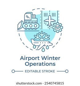 Airport winter operations soft blue concept icon. Ground service, deicing. Engineering, airplane. Round shape line illustration. Abstract idea. Graphic design. Easy to use in infographic