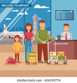Airport work poster family at check in desk with his luggage before boarding a plane vector illustration