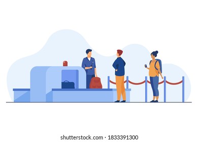Airport worker checking passenger belongings through scanner. Boarding, control. Flat vector illustration. Travelling concept can be used for presentations, banner, website design, landing web page