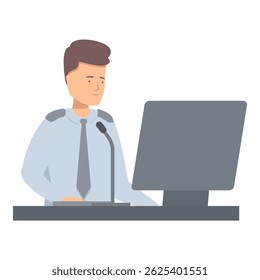 Airport worker in uniform speaking on microphone at information desk