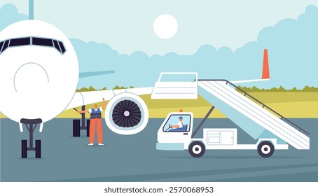 Airport workers. Aircraft maintenance, semaphore operator and ladder driver, ramp supply, passenger transport aviation, vector illustration