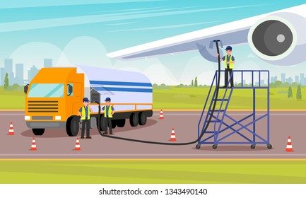 Airport Workers Pour Fuel into Aircrafts Tank Flat Vector Illustration. Joyful Men in Special uniforms Standing by Car with Balloon Fuel and Pumping Through Hose to Fill Aircrafts Tank. 