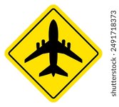 Airport. Yellow warning sign for aircraft landing and takeoff zone. Low flying planes sign. Rhombus road sign. Diamond road sign.