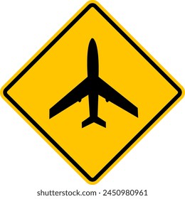 Aeropuerto. Señal de advertencia amarilla para la zona de aterrizaje y despegue de la aeronave. Señal de aviones voladores bajos. Señal de tráfico de Rhombus. Señal de carretera Diamond.