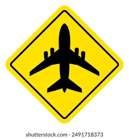 Airport. Yellow warning sign for aircraft landing and takeoff zone. Low flying planes sign. Rhombus road sign. Diamond road sign.