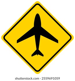 Airport. Yellow warning sign for aircraft landing and takeoff zone. Low flying planes sign.