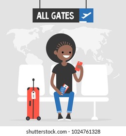 Airport. Young black female traveller waiting for a flight. Flat editable vector illustration, clip art