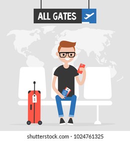 Airport. Young traveller waiting for a flight. Flat editable vector illustration, clip art