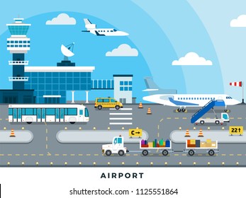 Airport Zone of arrival and departure of aircraft vector flat illustration. Isolated on white background.