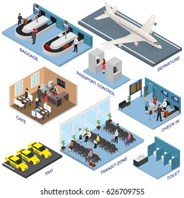 Vista Iométrica - Salida, Equipaje, Control de Pasaportes, Cafés, Tránsito, Retrete, Taxi y Check-In. Ilustración del vector