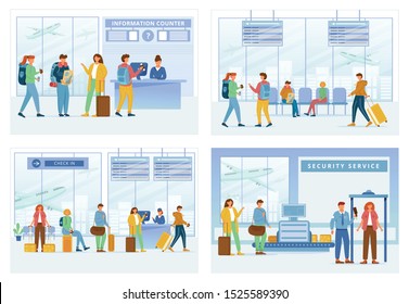 Airport zones flat vector illustrations set. Information counter, lounge area, registration, security service. Travelers in air terminal. People go through check in steps cartoon characters