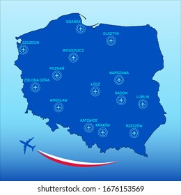 Airports in Poland with commercial passenger services. Vector
