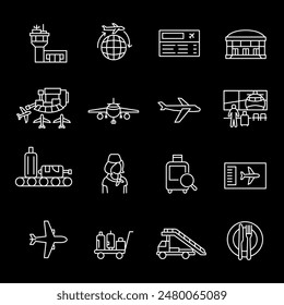 Aeropuertos, iconos de línea blanca. Iconos para check-in, áreas de espera y vuelos. Esencial para temas de viajes y transporte. Símbolos sobre fondo negro. Trazo editable.