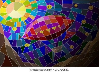 The airship against the starry night sky in the stained glass style