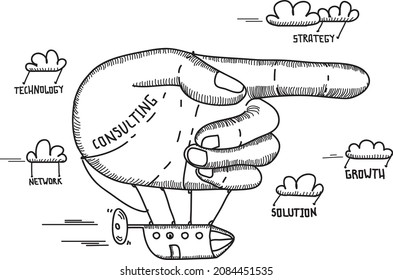 Airship arm 'consulting'  - sketchy vector illustration. Hand-drawn vector sketch of the flying hand-airship.