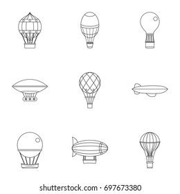 Airship balloons icon set. Outline style set of 9 airship balloons vector icons for web isolated on white background