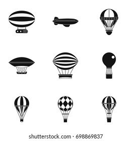 Airship balloons icon set. Simple style set of 9 airship balloons vector icons for web isolated on white background