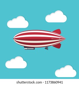 Airship blimp in the blue sky. Retro zeppelin isolated on background. Dirigible balloon. Travel, trip, adventure time concept. Vector illustration. Flat style design