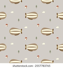 Airship cartoon so cute. House tree cloud background. Pattern seamless vector illustration. 