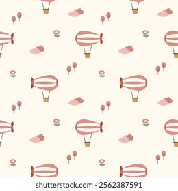 Airship cartoon so cute. On cloud tree flower background. Pattern seamless vector illustration. 
