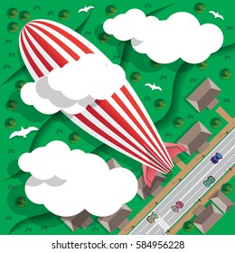 Airship in the cloudy sky.  View from above. Vector illustration.